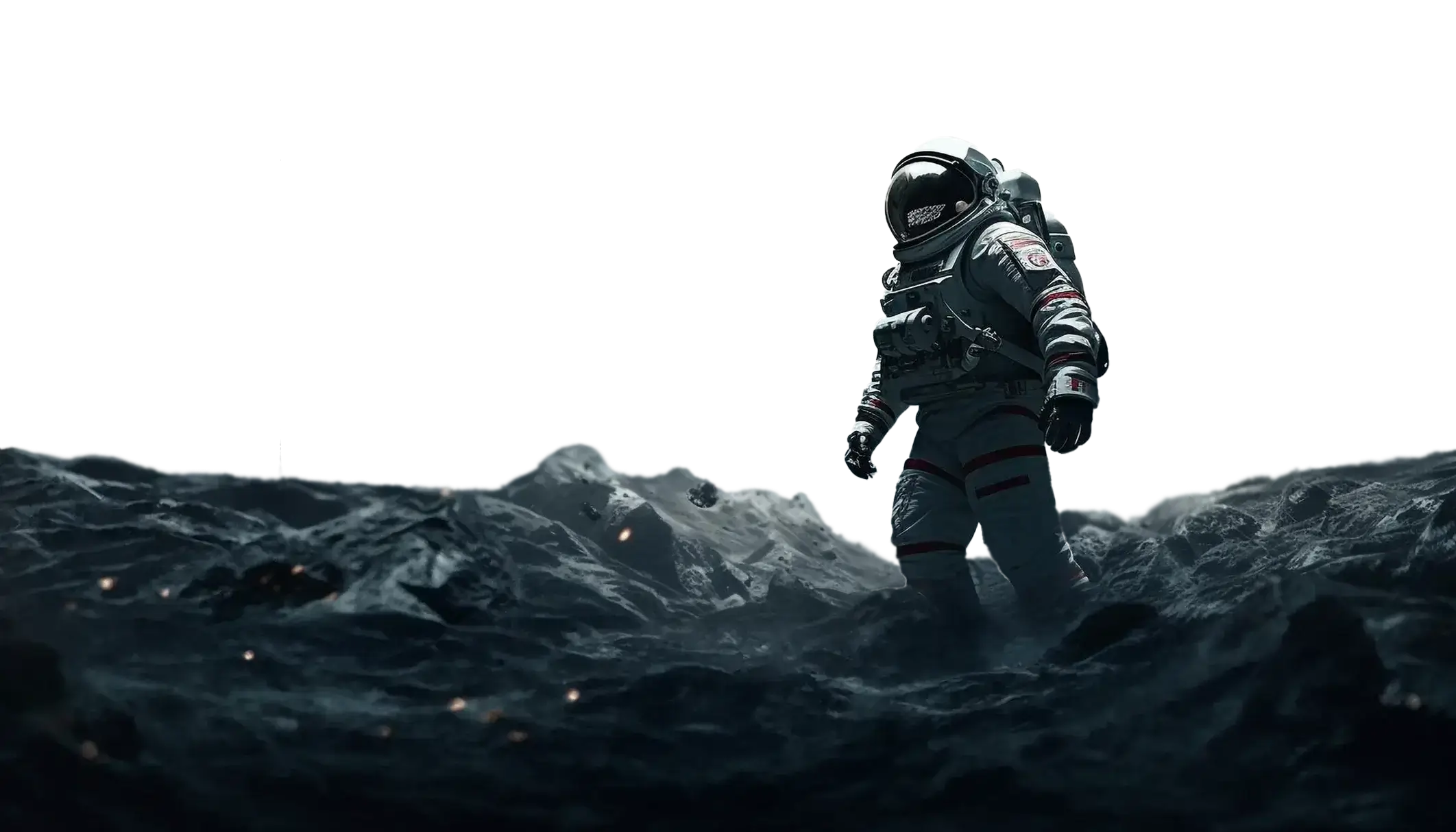 Astronaut walking on a rocky lunar surface