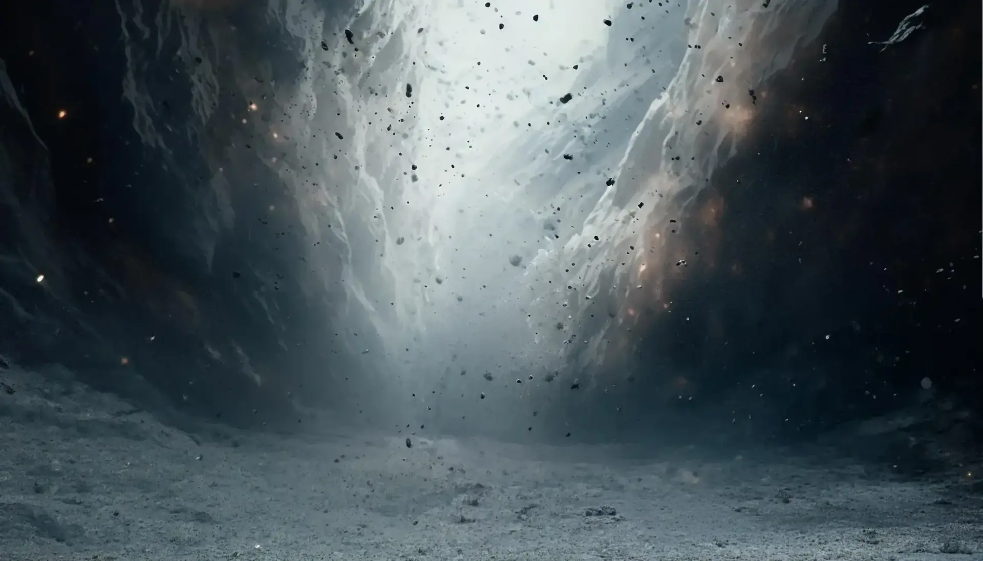 Cosmic canyon with floating debris and ethereal light